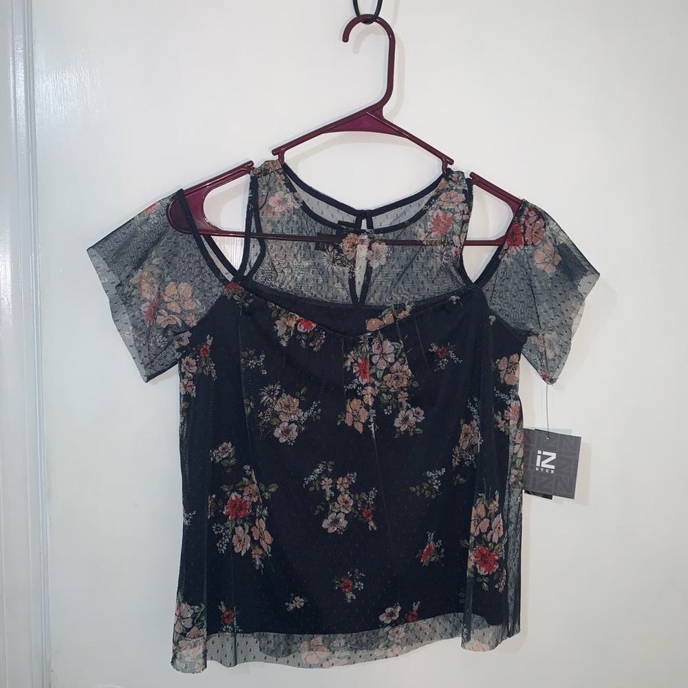 Navy blue floral shirt with mesh layer